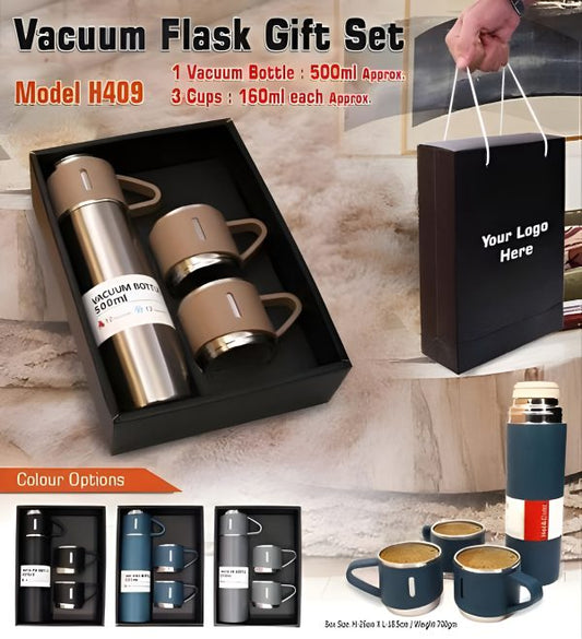 Vacuum Flask Gift Set With 3 Stainless Steel Cups